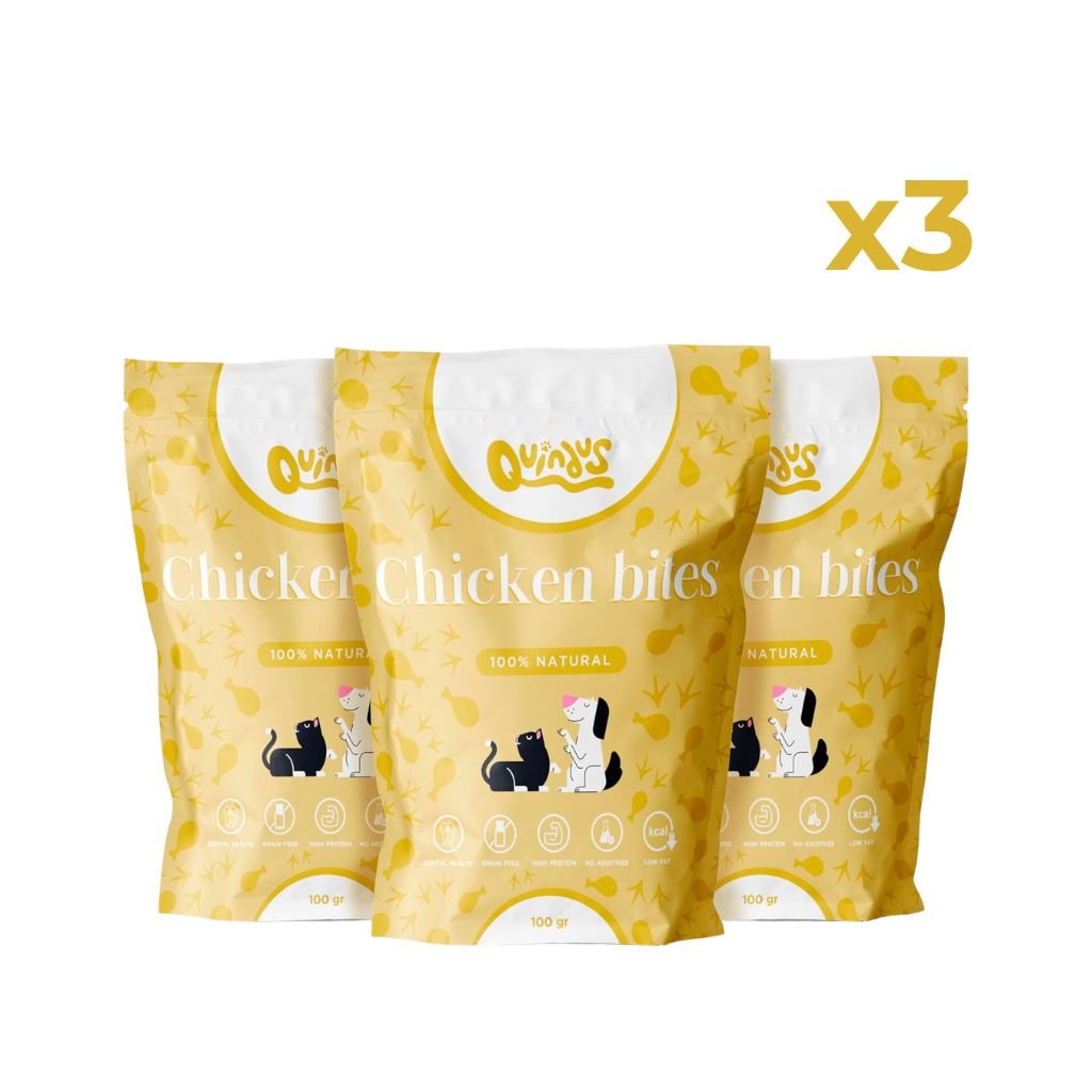 Snack Natural de Pollo para Perros y Gatos · Bocaditos Deshidratados Pack de 3 | Quindus