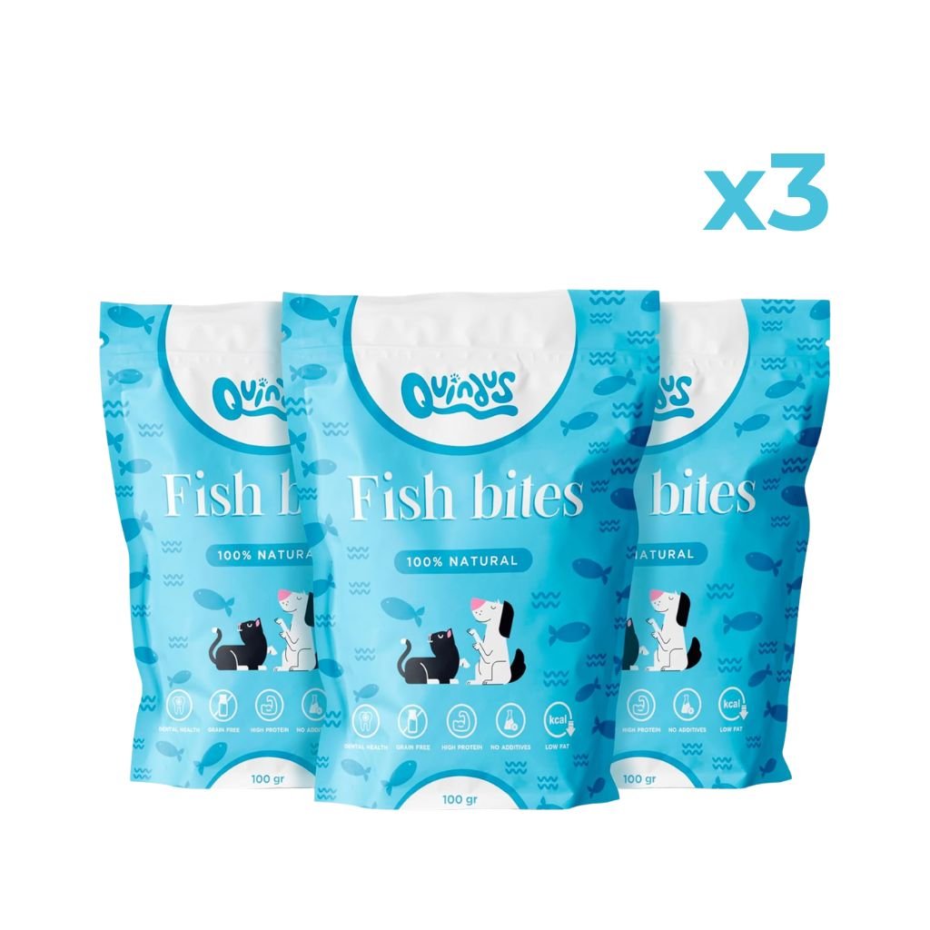 Snack Natural de Pescado para Perros y Gatos · Bocaditos Deshidratados · Pack de 3 | Quindus