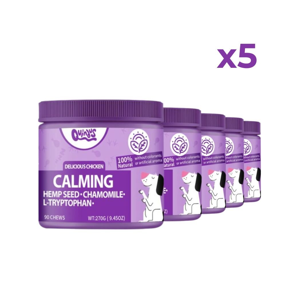 Calming & Relax Pack de 5 para Perros · Suplemento Natural Antiestrés con Manzanilla, Cáñamo y Triptófano | Quindus